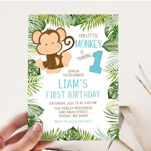 Monkey Birthday Invitation, Editable, Our Little Monkey Boy, edit with Corjl, instant download