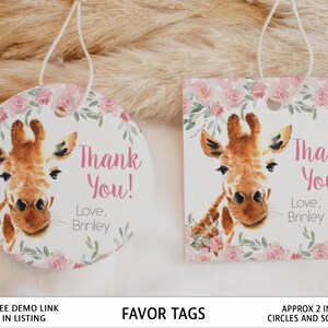 Giraffe Girl Favor Tags, Editable, pink flowers, Thank you tag round and square, edit with CORJL, instant download GP01