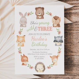 Young Wild and Three Woodland Animals Birthday Invitation, editable, third birthday, girl forest invitation, Corjl, instant download