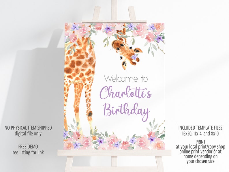 Sjabloon Giraffe Welkomstbord in 8 x 10, 11 x 14, een bewerkbaar digitaal bestand van 16 x 20 inch GPP01 afbeelding 1