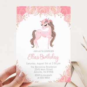 Pony Birthday Invitation, editable, cute horse birthday invitation, edit with Corjl, instant download