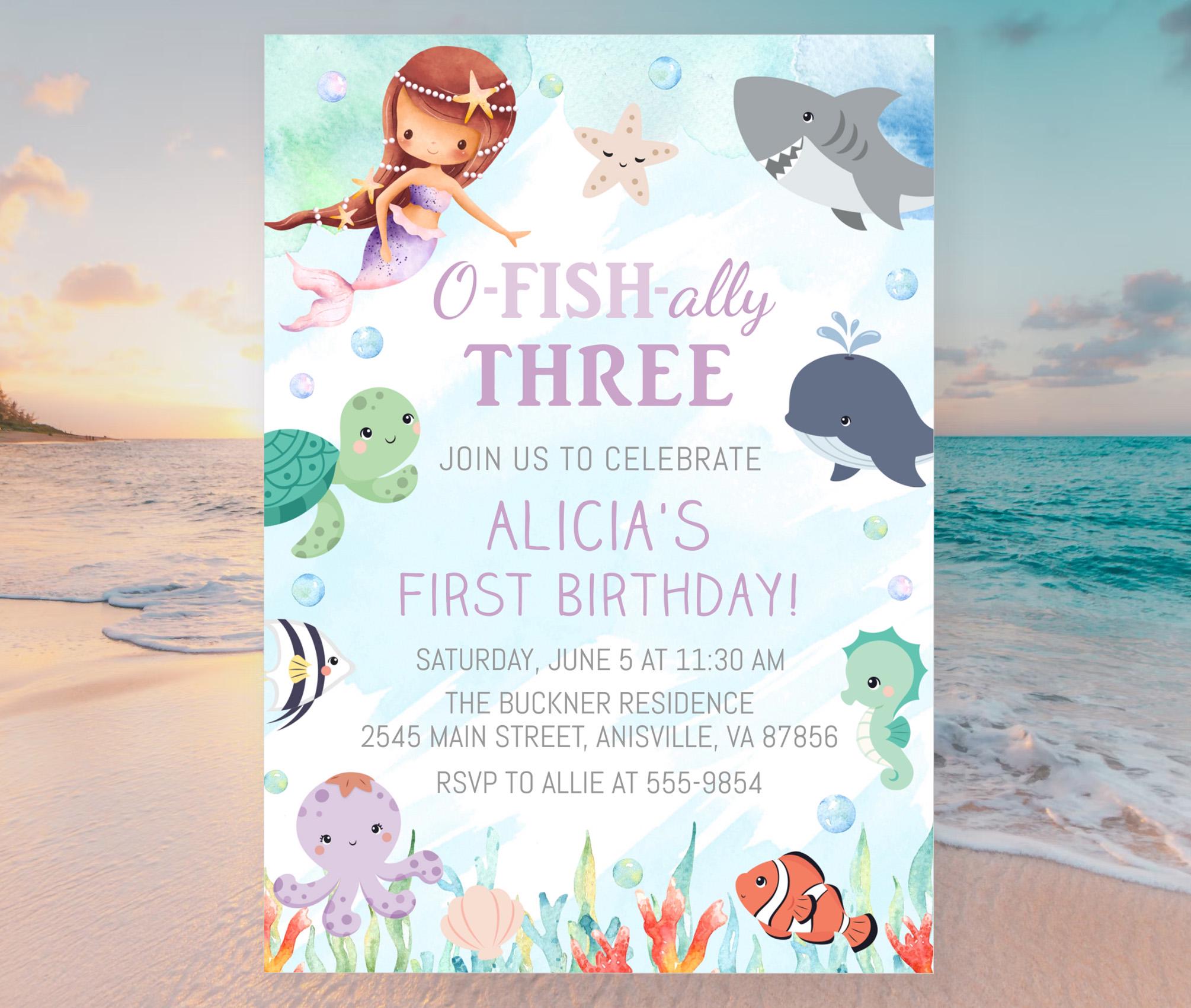 Mermaid Ocean Birthday Invitation Template, ocean animals, girl purple sea theme editable, third birthday Ofishally Three, instant download