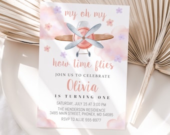 Girl Airplane Birthday Invitation Template, Editable First Birthday (Digital Download)
