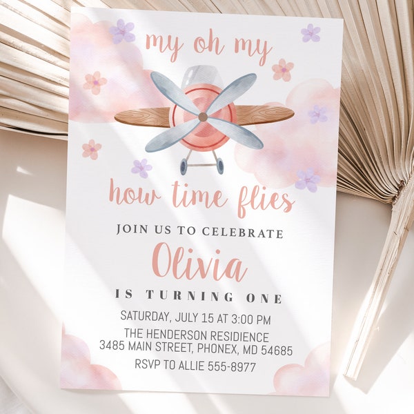 Airplane Birthday Invitation Template, Girl, Editable Birthday Invitation My oh my How Time Flies, Turning One