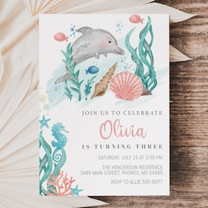 Dolphin Birthday Invitation Template, editable, Girl Dolphin Invitation, ocean invitation, edit with Corjl, instant download