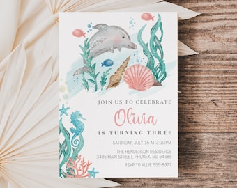 Girl Dolphin Birthday Invitation Template: Ocean Party (Editable, Instant Download)