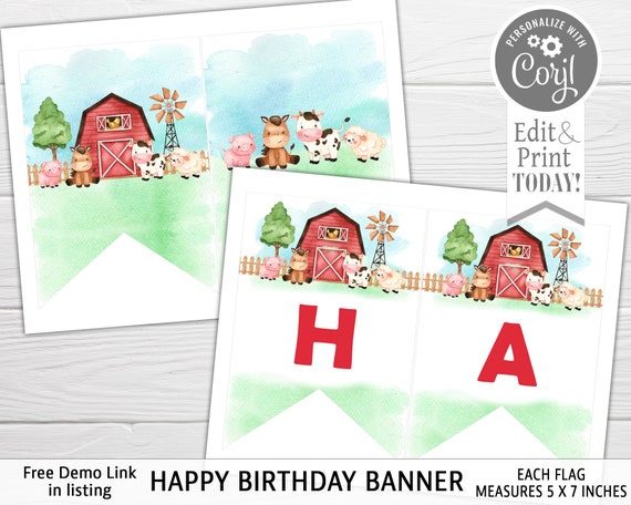 Farm Animals Birthday Banner, Editable Barnyard Happy Birthday Banner ...
