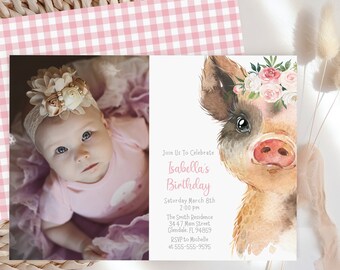 Piglet Floral Birthday Photo Invitation Template: Farm Pig  (Editable Digital Download)
