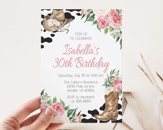 Cowgirl Birthday Invitation with cowboy hat, boots, and flowers and pink text, instant download Il_570xn