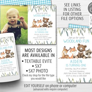 May include: Woodland animal themed first birthday party invitation with a blue and white gingham background. The invitation features a watercolour illustration of a fox, deer, bear, and raccoon. The text on the invitation reads "Join us for some Woodland Fun" and "Aiden is turning one".