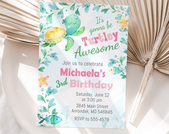 Turtle Birthday Invitation Template, Under the Sea, Pink (Editable, Instant Download)