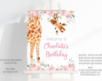 Giraffe Birthday Welcome Sign Template: Pink Flowers (Editable, Digital Download)