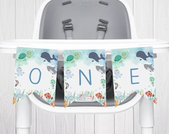 ONE Highchair Banner, Ocean Animals, Oneder the Sea, First Birthday Highchair Banner, Editable Banner, Instant Download, Corjl - CB1
