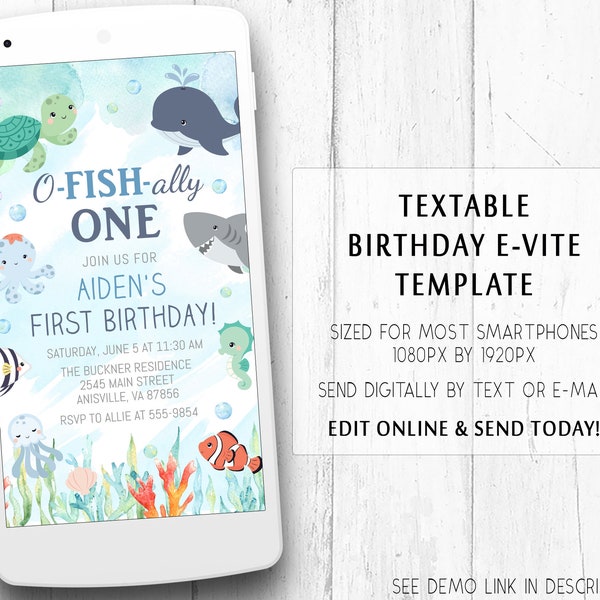 Ocean Birthday Ofishally One Evite, Textable Invitation, editable, Boy, Smart Phone Sized, Edit with Corjl, text email  CB1