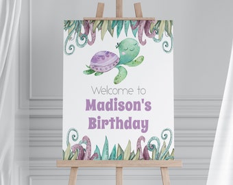 Turtle Birthday Welcome Sign Template: Purple Party Decor (Editable, Digital Download) #PTA1