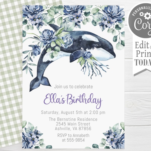 Orca Whale Birthday Invitation, editable, Under the Sea invitation, killer whale with flowers, edit with Corjl, instant download