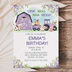 Farm Birthday Invitation Template, oink neigh baa moo, girl, flowers, editable, farm animals, barnyard, one two or any age, edit with Corjl