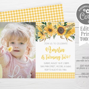 Sunflower Birthday Photo Invitation, Editable Birthday Invitation with Sunflowers Flowers, girl sunflower, yellow gingham, Instant Download