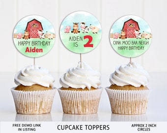 Farm Birthday Cupcake Toppers, Barnyard Animals, Editable (Instant Download)