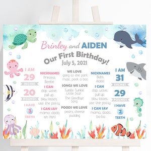 Ocean Twins Milestone Sign, 16x20, Birthday Milestone, pink and blue, under the sea, You edit, You Print, edit on Corjl, Instant Download