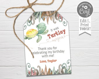 Turtle Birthday Favor Tags, Editable Thank You Hang Tag (Digital Download)