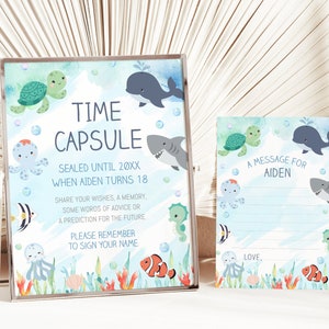 Ocean Time Capsule Set Template, Editable Table Sign and Message Card, Instant Download, Memory box CB1