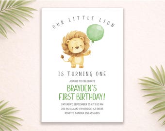 Lion First Birthday Invitation, Safari Animal Party Invite Green Balloon (Digital Download)