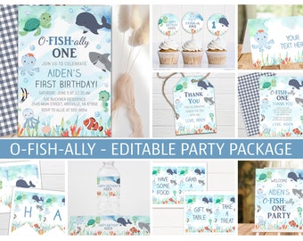 Ofishally One Birthday Party Package, Blue Ocean Animals, Editable (Digital Download)