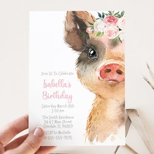 Sjabloon verjaardagsuitnodiging varken, bewerkbare big met bloemen uitnodiging voor meisje met bloemen en roze tekst, instant download