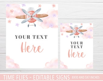 Airplane Girl Party Table Signs: Pink Plane Decor (Editable, Digital Download)