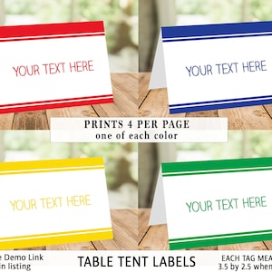 Primary Colors Table Tent Labels, red, blue, yellow, green, girl, boy, food label, editable table tent, instant download
