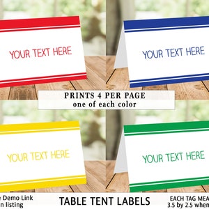 Etiquetas de mesa con colores primarios: rojo, azul, amarillo, verde, niña, niño, etiqueta de comida, etiqueta de mesa editable, descarga instantánea