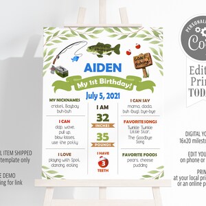 Fishing Milestone Sign, 16x20, Birthday Milestone, Fish, You Print DIY edit on Corjl, Fishing Milestone Instant Download Template