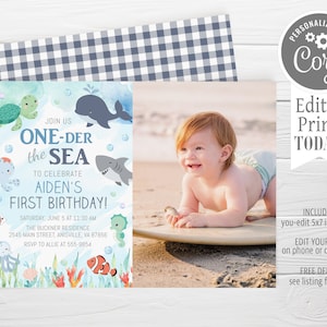 Oneder the Sea Birthday Photo Invitation, ocean animals, boy, blue, editable, First Birthday, edit with Corjl, instant download  CB1