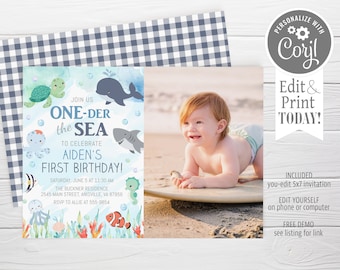 Oneder the Sea Birthday Photo Invitation, Ocean Animals (Digital Download)