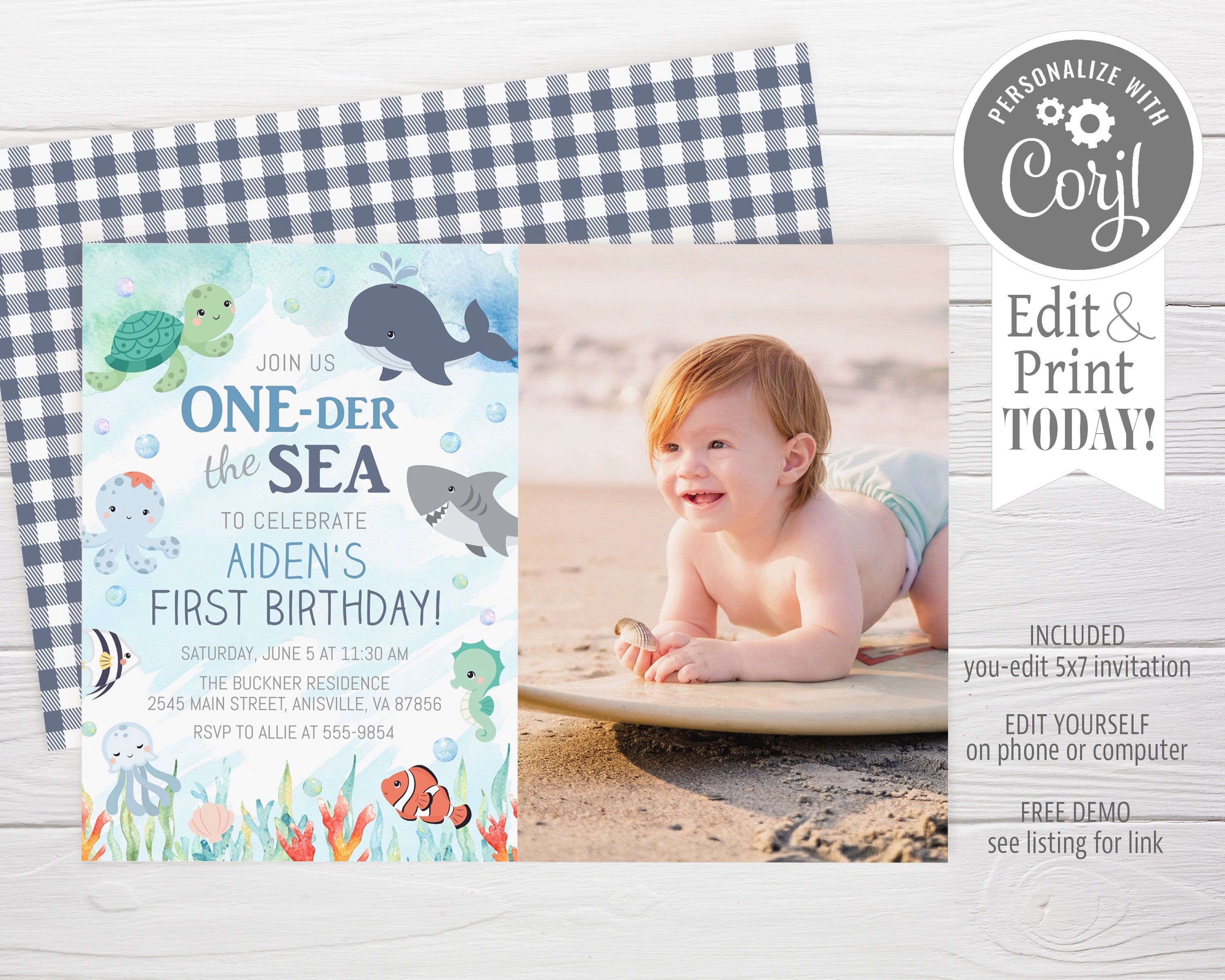 Oneder the Sea Birthday Photo Invitation, Ocean Animals, Boy, Blue