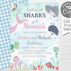 May include: A blue and pink invitation with a watercolour background featuring a mermaid, a shark, a whale, a turtle, a seahorse, and an octopus. The text reads "Calling all Sharks and Mermaids. Join us to celebrate Brinlee's and Michael's Birthdays. Saturday, June 5 at 11:30 AM. The Buckner Residence. 2545 Main Street, Anisville, VA 87856. RSVP to Allie at 555-9854."