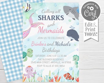 Under the Sea Sharks and Mermaids Birthday Invitation, editable, Birthday girl and boy ocean, edit with Corjl, instant download