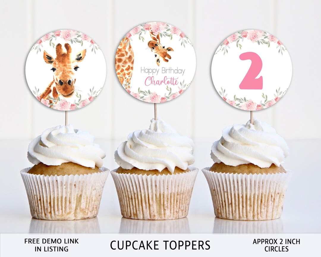 Giraffe Cupcake Topper Pink Template, Editable, Cute Giraffe Circle