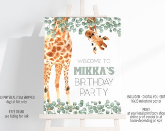 Giraffe Geburtstag Willkommensschild, bearbeitbare Vorlage (Digitale Datei)