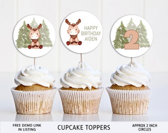 Moose Cupcake Toppers, Editable, Forest Animals, Circle Toppers Label, edit with CORJL, instant download