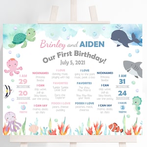 May include: A digital milestone poster for a first birthday, featuring the names Brinley and Aiden. The design includes watercolor illustrations of sea creatures, bubbles, and coral, with details about the child's age in inches and pounds.