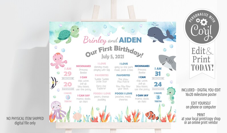 May include: A digital milestone poster for a first birthday, featuring the names Brinley and Aiden. The design includes watercolor illustrations of sea creatures, bubbles, and coral, with details about the child's age in inches and pounds.
