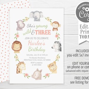 Safari Animals Birthday Invitation, editable, young wild and three, third  birthday, girl invitation, edit with Corjl, instant download