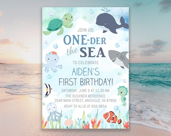 Ocean Animals First Birthday Invitation Template: One-der the Sea (Editable, Digital Download) #11