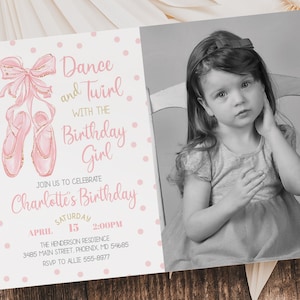 Ballettschuhe Geburtstags-Foto-Einladung, bearbeitbar, Ballerina-Geburtstagseinladung, bearbeiten mit Corjl, sofortiger Download