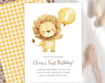 May include: A watercolor illustration of a lion holding a yellow balloon with the number "1" on it. The text "Oliver's First Birthday!" is printed on the invitation. The invitation also includes the date, time, address, and RSVP information.