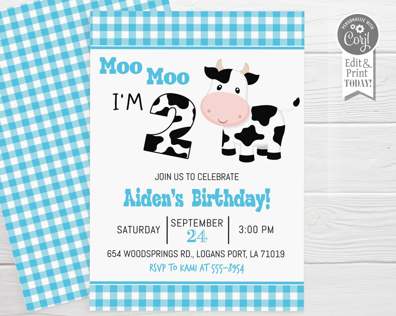 May include: A blue and white gingham patterned invitation with a cartoon cow and the text "Moo Moo I'm 2" and "Aiden's Birthday!"  The invitation includes the date, time, and location of the birthday party.