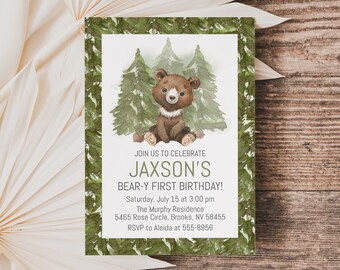 Bear Birthday Invitation Template, Bear-y First Birthday Invitation, Editable, edit with Corjl, instant download