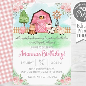May include: A pink and green watercolor invitation with a red barn, farm animals, and flowers. The text reads "with an oink and a moo and a cock-a-doodle doo we want to party with you! Join us to celebrate Arianna's Birthday! Saturday May 24 3:00 PM The Tucker Residence 2545 Main Street, Anisville, VA 87856 RSVP to Allie at 555-9854"